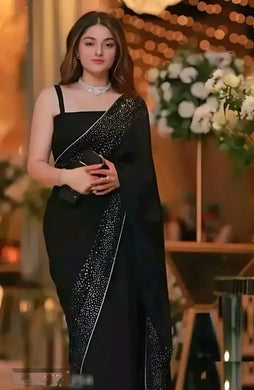 Georgette Embellished Saree with Blouse Piece in Black Color-Bollywood type.