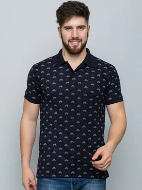 Ekom Men Regular Fit Polo Tshirt | Cotton Matty Half Sleeve All Over Printed T-Shirt - Navy