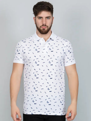 Ekom Men Regular Fit Polo Tshirt | Cotton Matty Polo Neck All Over Printed T-Shirt | Polo Tshirt for Men - White
