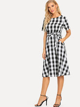 Load image into Gallery viewer, Women Cotton Black White Check Fit and Flare Dress