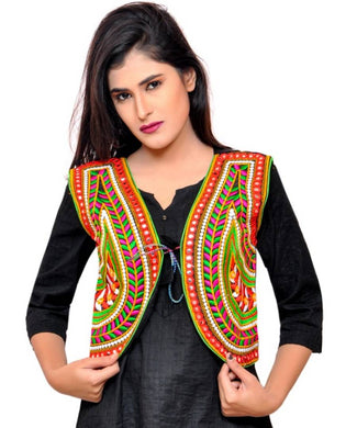 Cotton Blend Kutchi Embroidered Sleeveless Short Jacket/Koti/Shrug