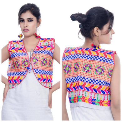 Women's Dupion Silk Kutchi Embroidered Sleeveless Waist Length Jacket/Koti/Shrug (Swastik)