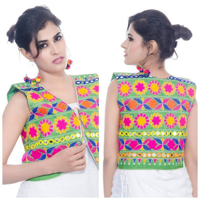Women's Cotton Blend Kutchi Embroidered Sleeveless Short Jacket/Koti/Shrug (Floral)