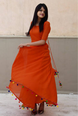 Women Orange Solid Polyester Long Maxi Dress