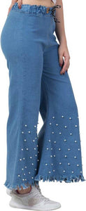 Women's Stylish Blue Embellished Denim Mid-Rise Jeans