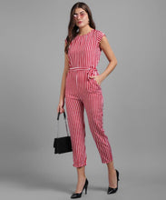 Load image into Gallery viewer, Women Red Stripe Printed Front Knot Jumpsuits