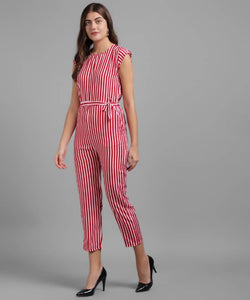Women Red Stripe Printed Front Knot Jumpsuits