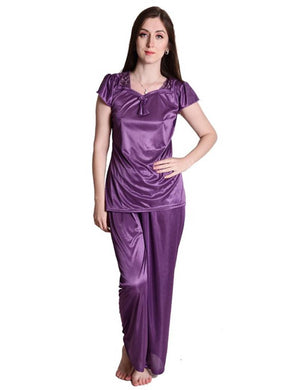 Purple Satin Nightwear Night Suit Top & Pajama Set