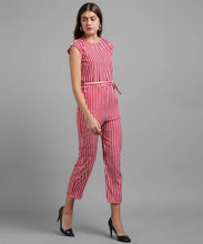 Load image into Gallery viewer, Women Red Stripe Printed Front Knot Jumpsuits