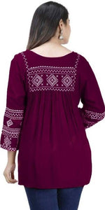 Contemporary Purple Rayon Ethnic Embroidered Regular Short kurta For Women