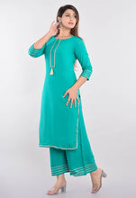 Load image into Gallery viewer, Alluring Turquoise Rayon Gota Work Kurta Palazzo Set For Women
