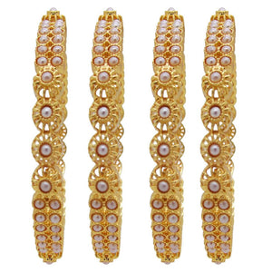 Women's Gold Plated Pearl Studded Set Of 2 (4Pc) Kada Bangle