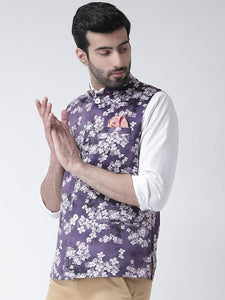 Men's Purple 
Cotton Blend
 Printed Nehru Jackets