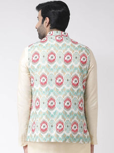Men's Turquoise Cotton
 Printed Nehru Jackets