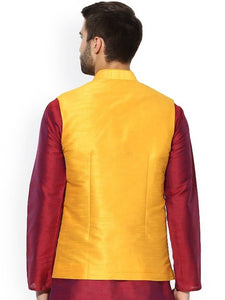 Men's Yellow 
Silk Blend
 Solid
 Nehru Jackets