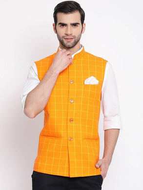 Men's Orange 
Silk Blend
 Checked
 Nehru Jackets