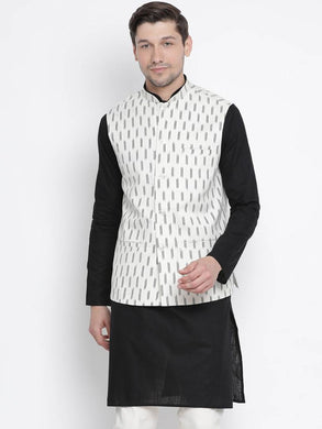 Men's White Cotton
 Woven Design Nehru Jackets