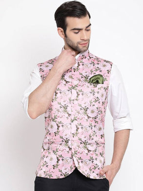 Men's Pink 
Silk Blend
 Printed Nehru Jackets
