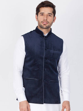 Men's Navy Blue 
Cotton Blend
 Printed Nehru Jackets