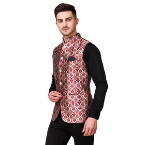 Stylish Cotton Maroon Printed Ethnic Waistcoat For Men