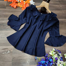 Load image into Gallery viewer, Alluring Navy Blue Heavy Rayon Solid Round Neck Flair Tops For Women And Girls