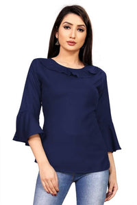 Alluring Navy Blue Heavy Rayon Solid Round Neck Flair Tops For Women And Girls
