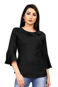 Alluring Black Heavy Rayon Solid Round Neck Flair Tops For Women And Girls