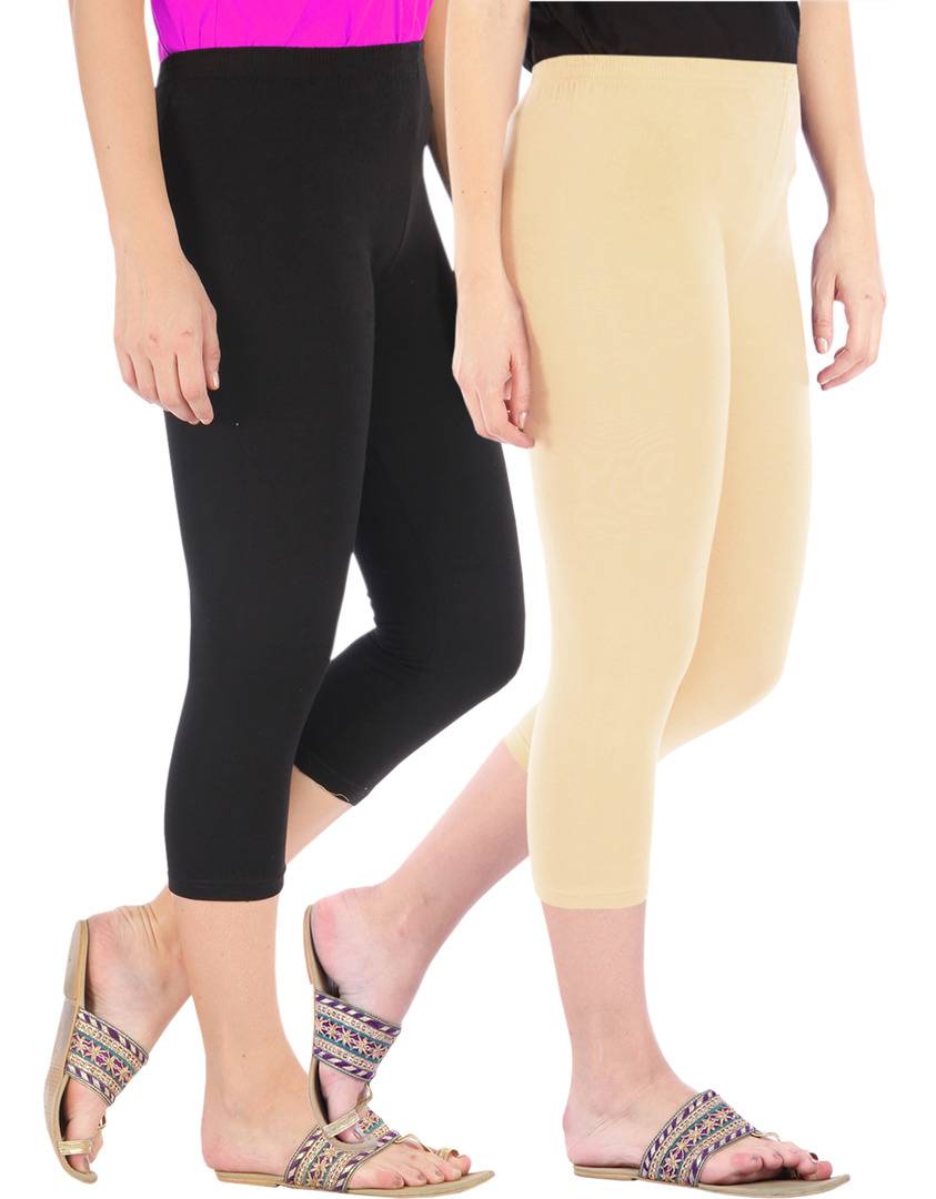 Befli Womens Skinny Fit 3/4 Capris Leggings Combo Pack Of 2 Light