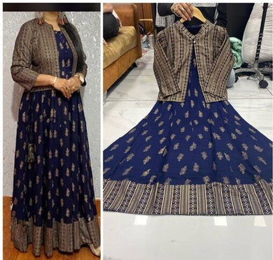 Contemporary Navy Blue Rayon Printed Kurta with Jacket For Women
