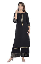 Load image into Gallery viewer, Alluring Black Rayon Gota Work Kurta with Palazzo Set For Women