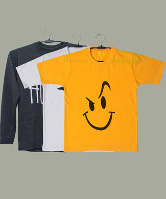 Boys T-Shirt Combo Pack | Unisex Kids T-Shirt Combo Set| Regular Fit Round Neck Stylish Printed Tees | Cotton Blend, 3 Pcs, Yellow, White & Dark Grey