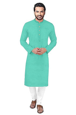 Stylish Turquoise Cotton Solid Straight Kurta Pyjama Set For Men
