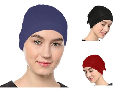 Women's Tube Hijab Bonnet Cap Under Scarf Pullover Combo 3 Piece (Maroon Black and Navy Blue)