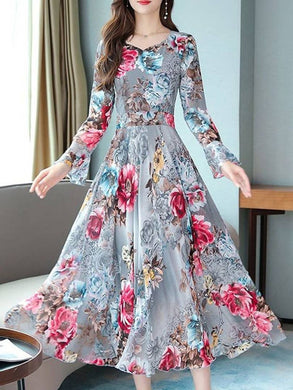 GREY WITH RED ROSE FLOWER PRINT GOWN