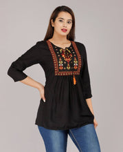 Load image into Gallery viewer, Alluring Black Rayon Embroidered Short Kurta For Women