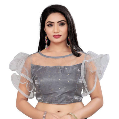 Metloke Womens Ready made Satin with Net Ruffle Sleeves Stitched Padded Blouse