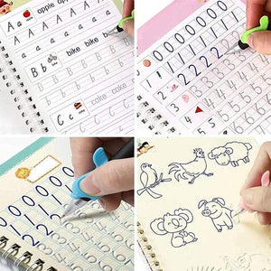 Magic Practice Copybook (Size 26 x 18cm ), Number Tracing Book for Preschoolers with Pen, Magic Calligraphy Copybook Set Practical Reusable Writing Tool (LARGE A4 SIZE 4 BOOK + 10 REFILL)