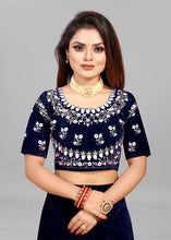 Load image into Gallery viewer, Women Velvet Embroidered Semi Stitched Lehenga Choli And Dupatta Set