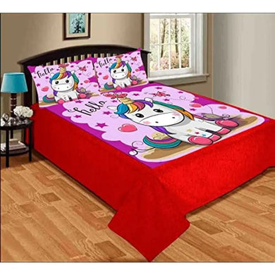 SAI ARPAN Hello Word Mention Small Cute Unicon Bedsheet Design 300TC Bedsheet for Double Bed with 2 Pillow Covers 95 x 105 inches