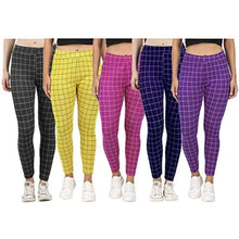 Load image into Gallery viewer, Naughty Little? Womens Checkered Pattern Ankle Length Tights Multicolour Combo (Pack of 5) Free Size (best Fit to the Hip Size 28 inch to 34 inch)