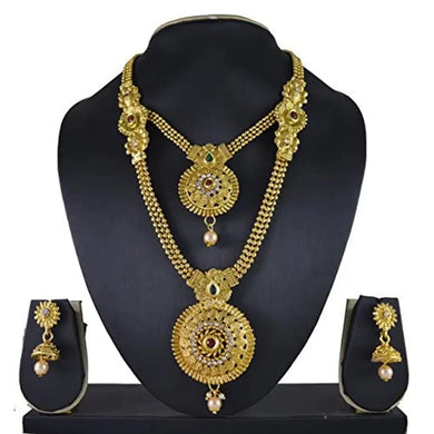 RADHEKRISHNA golden alloy material beautifull long and short both jewellary set