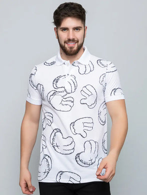 Ekom Men Regular Fit Polo Tshirt | Cotton Matty Funky  Punchy Hands Printed Polo T-Shirt For Men - White