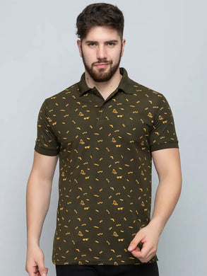 Ekom Men Regular Fit Polo Tshirt | Cotton Matty Polo Neck All Over Printed T-Shirt | Polo Tshirt for Men - Olive