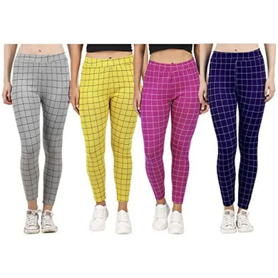 Naughty Little? Womens Checkered Pattern Ankle Length Tights Multicolour Combo (Pack of 4) Free Size (best Fit to the Hip Size 28 inch to 34 inch)