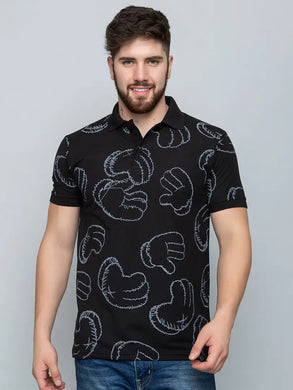 Ekom Men Regular Fit Polo Tshirt | Cotton Matty Funky  Punchy Hands Printed Polo T-Shirt For Men - Black