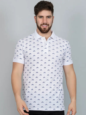 Ekom Men Regular Fit Polo Tshirt | Cotton Matty Half Sleeve All Over Printed T-Shirt - White