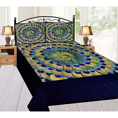 SAI ARPAN Peacock Feather-Black Design 300TC Bedsheet for Double Bed with 2 Pillow Covers 95 x 105 inches