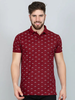 Ekom Men Regular Fit Polo Tshirt | Cotton Matty Half Sleeve All Over Printed T-Shirt - Maroon