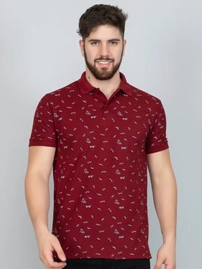 Ekom Men Regular Fit Polo Tshirt | Cotton Matty Polo Neck All Over Printed T-Shirt | Polo Tshirt for Men - Maroon