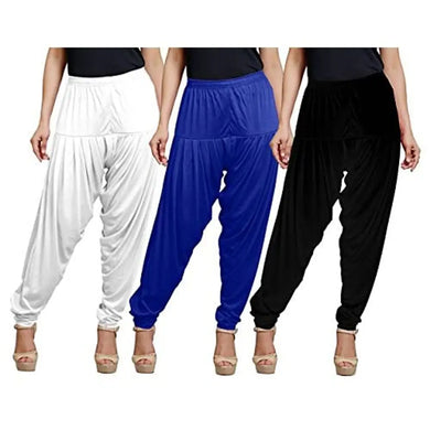 Eazy Trendz Women's Viscose Lycra Solid Patiala Pack of 3-Black_White_RBLUE